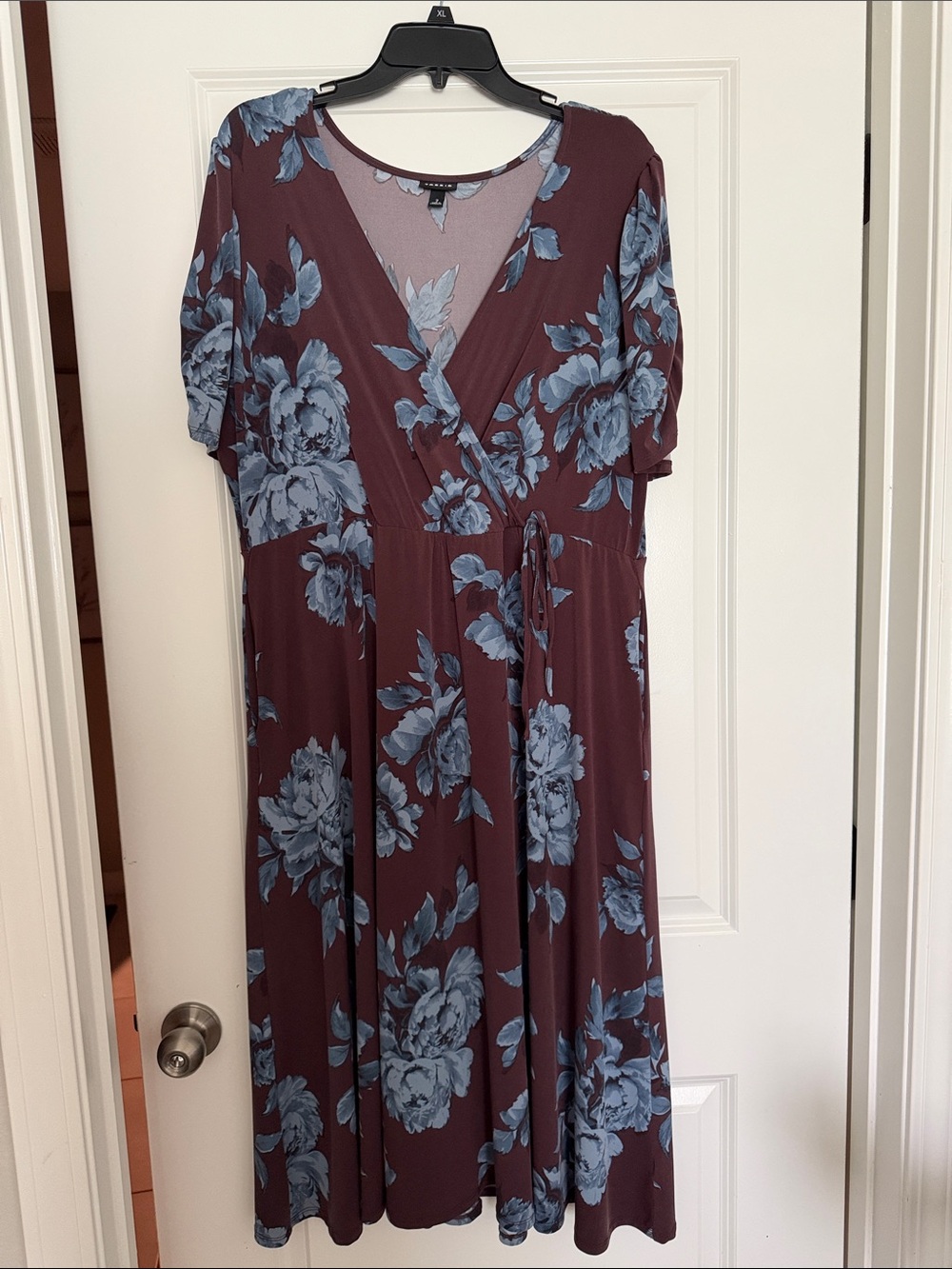 torrid Burgundy Midi Dress with Blue Floral Print Wrap